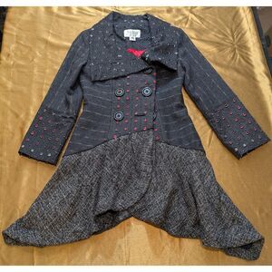 An Ren XS Wool-Blend Tailcoat Jacket Bustle Hem Gray/Red Steampunk